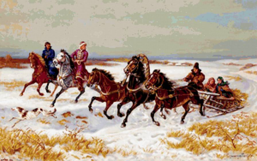 картина - тройка, природа, кони, зима - предпросмотр
