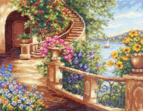 №338767 - дом, море, лестница, парус, цветы - оригинал