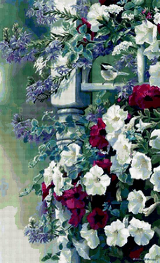 №338797 - дом, петунии, цветы, птицы - предпросмотр