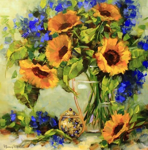 акварель - полевые, подсолнух, цветы, ваза - оригинал