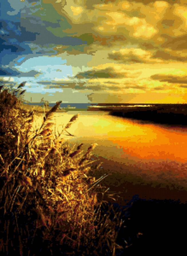 На закате - берег, закат, облака, пейзаж, река - предпросмотр