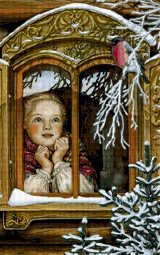 №339293 - снег, потрет, зима, окно, девочка, живопись - предпросмотр