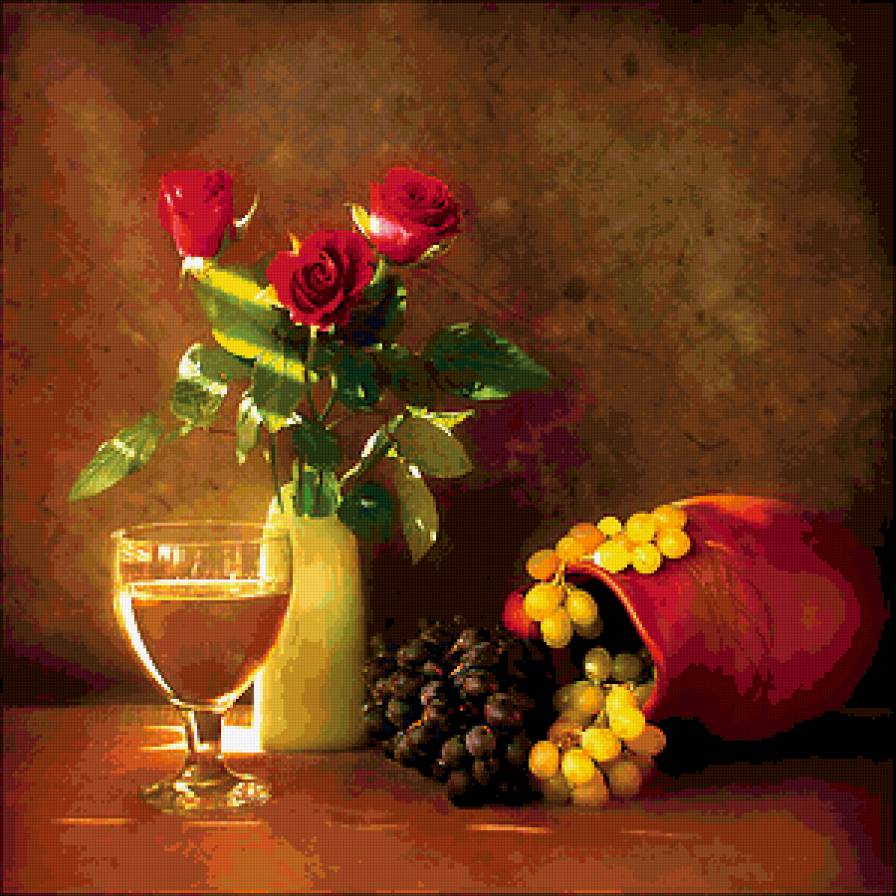 №339337 - цветы, натюрморт, фрукты, вино, букет, розы - предпросмотр