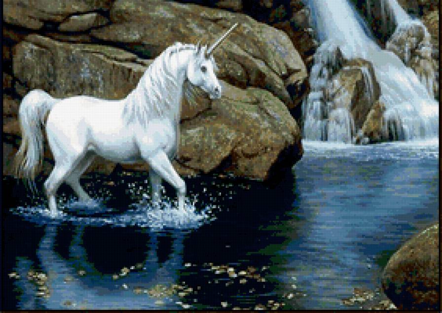 Единорог и водопад - водопад, единорог, природа - предпросмотр