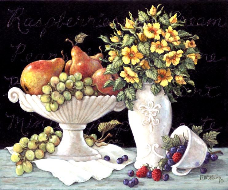 Натюрморт с фруктами и цветами - ягоды, ягодки, фрукты, груши, виноград, натюрморт, цветы - оригинал