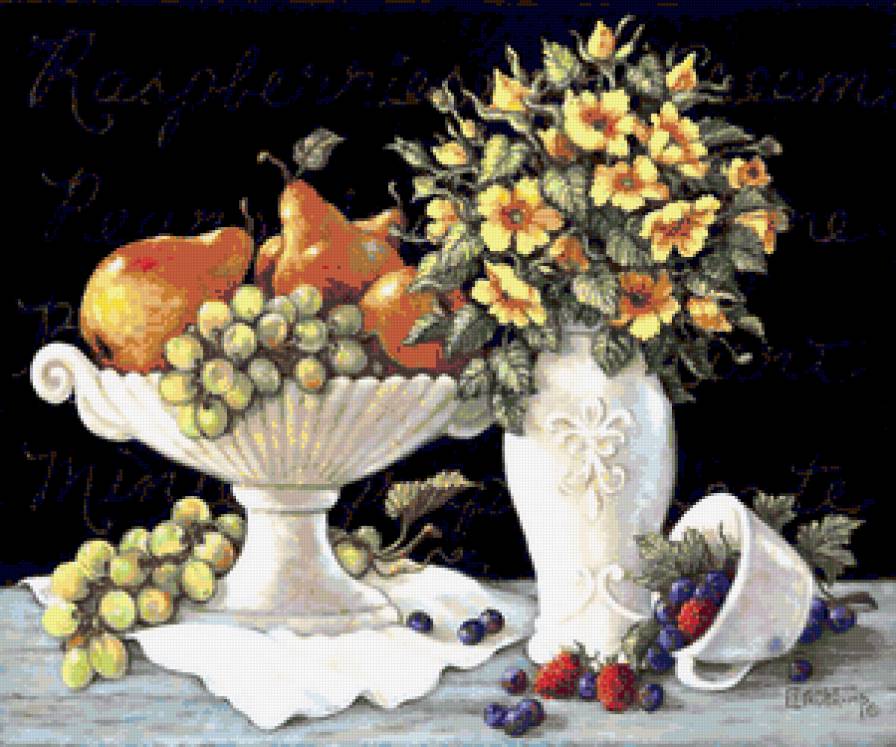 Натюрморт с фруктами и цветами - ягоды, фрукты, виноград, цветы, ягодки, груши, натюрморт - предпросмотр