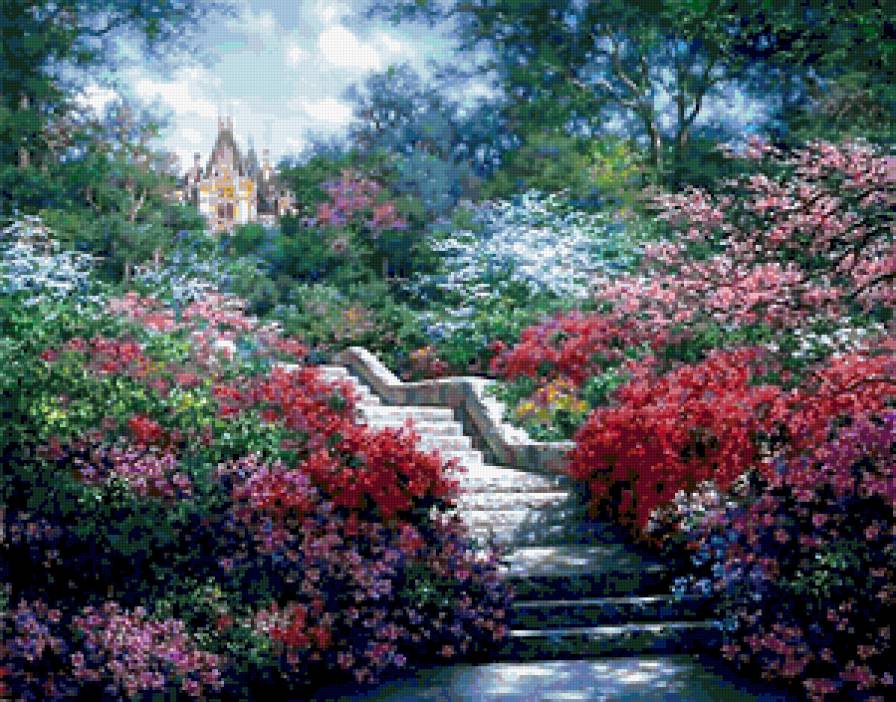 Садовая лестница. - садовый пейзаж, сад, пейзаж, лестница, цветы - предпросмотр