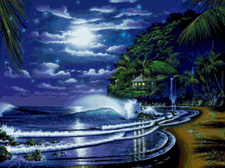 Ночной берег. - берег, луна, море, ночь, романтика - предпросмотр