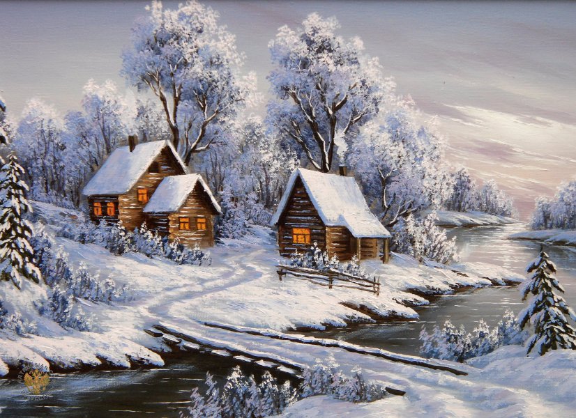 зимний пейзаж - природа, зима, дом, снег - оригинал