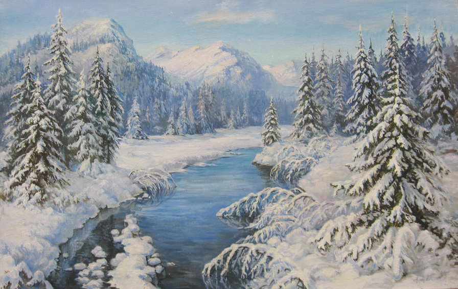зимний пейзаж - река, лес, природа, зима, снег - оригинал