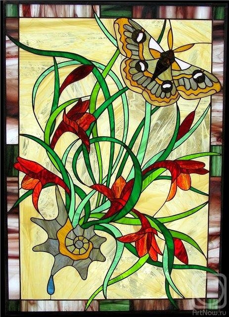 Витраж 2 - окна, витраж, цветы, бабочки - оригинал
