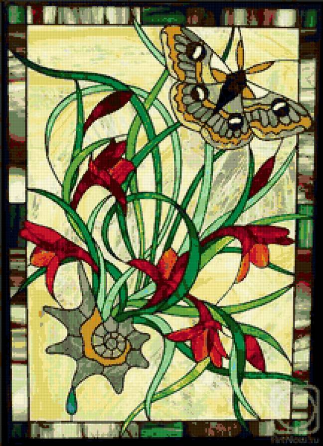Витраж 2 - бабочки, окна, витраж, цветы - предпросмотр