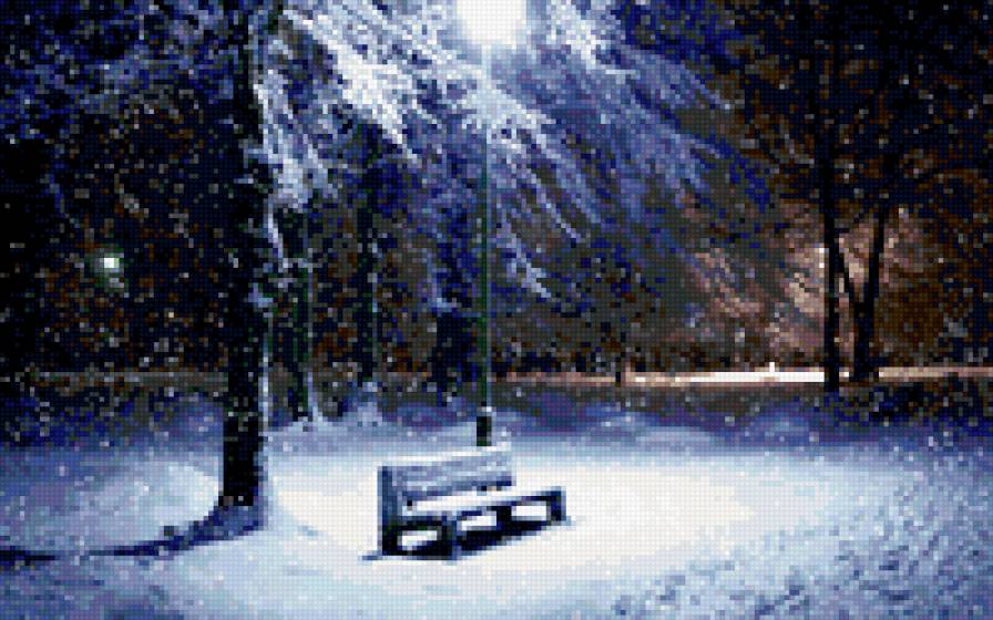 Тихий вечер - снег, скамейка, фонарь - предпросмотр