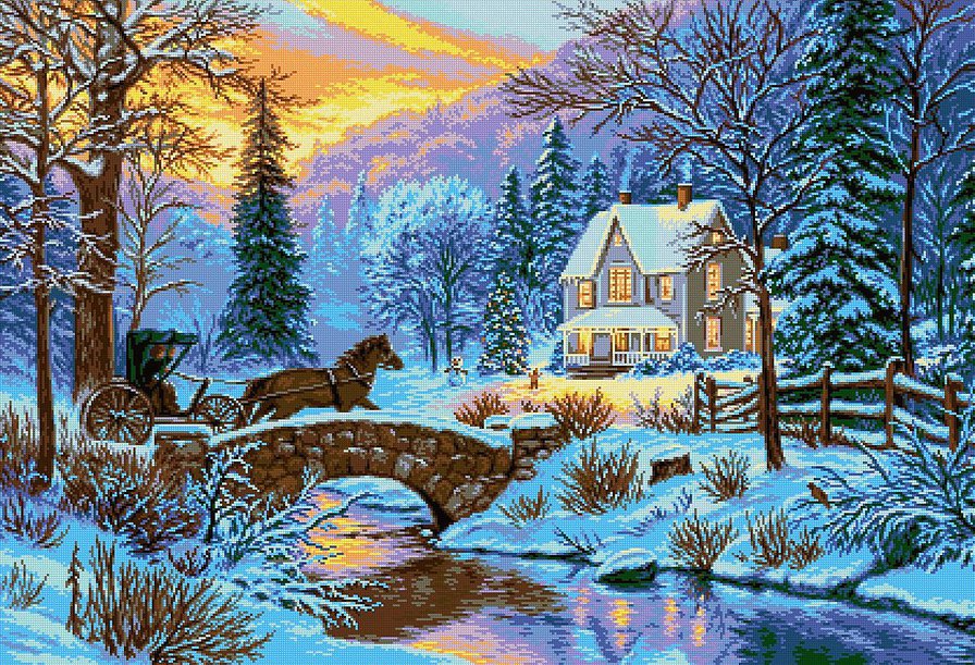 Зимний пейзаж - пейзаж, кони, река, мост, домик, экипаж, лес, зима - оригинал