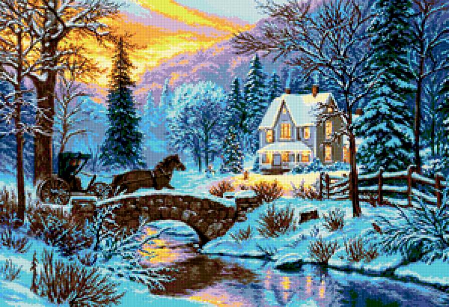 Зимний пейзаж - мост, домик, река, лес, кони, зима, экипаж, пейзаж - предпросмотр