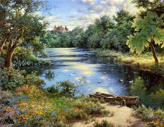 На берегу замкового озера. - пейзаж, озеро, замок - оригинал