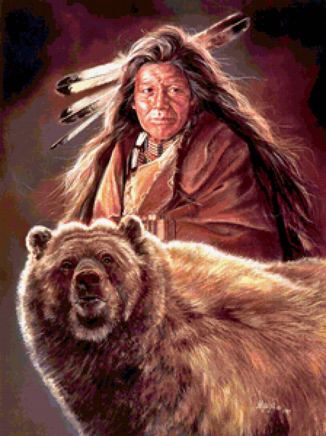 Старый индеец - мужчина, индеец, медведь - предпросмотр