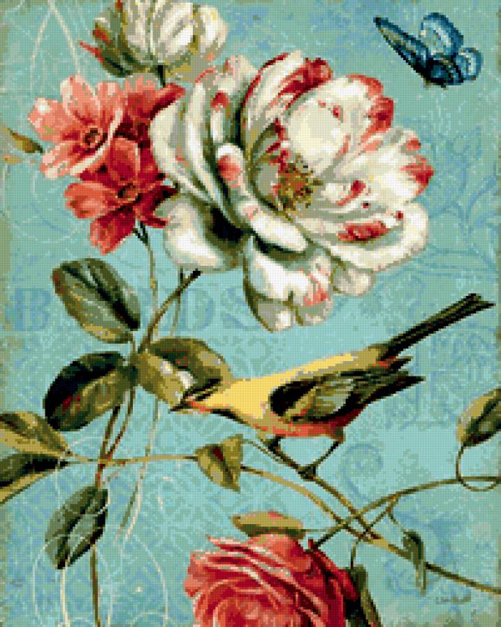 Райские птицы 1 - птицы, розы, бабочки, цветы - предпросмотр