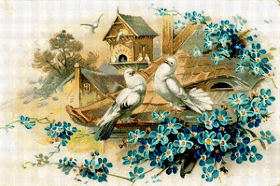 Голубки - пейзаж, цветы, винтаж, голубки, любовь, незабудки, птицы - предпросмотр