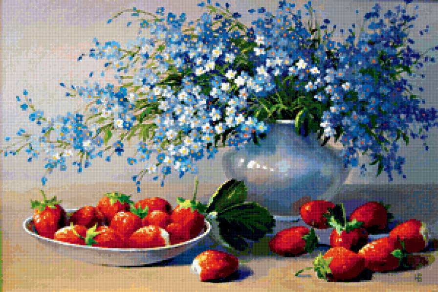 Незабудки - натюрморт, незабудки, клубника - предпросмотр