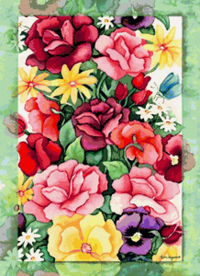 Цветочное панно - анютины глазки, панно, цветы, ромашки, розы, бабочка, лето - предпросмотр