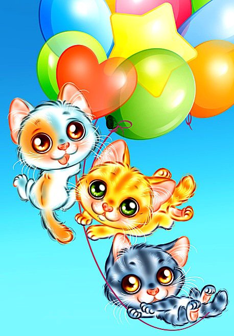 Полет на воздушных шариках - полет, шарики, котята, зверята, животные - оригинал