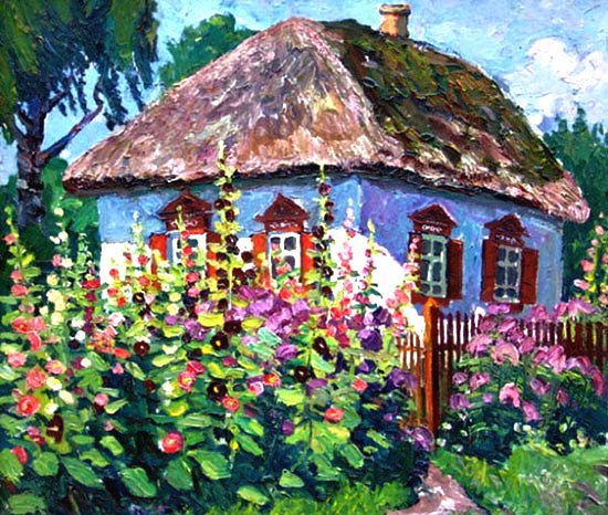 Украинская хата - красота, домики, хата, сад, палисадник, цветы, мальвы, домик - оригинал
