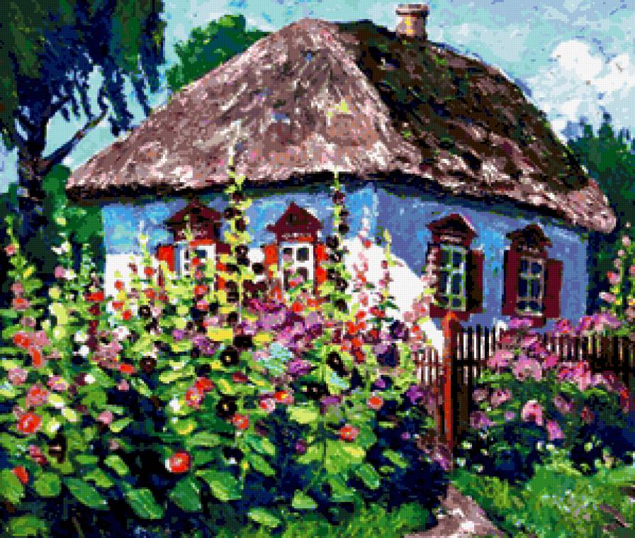 Украинская хата - домик, хата, домики, красота, палисадник, сад, цветы, мальвы - предпросмотр