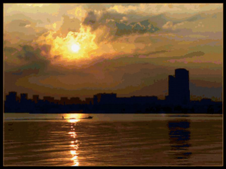 Закат - река, город, облака, закат - предпросмотр