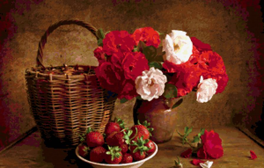 Цветы и клубника - натюрморт, розы, цветы, клубника - предпросмотр