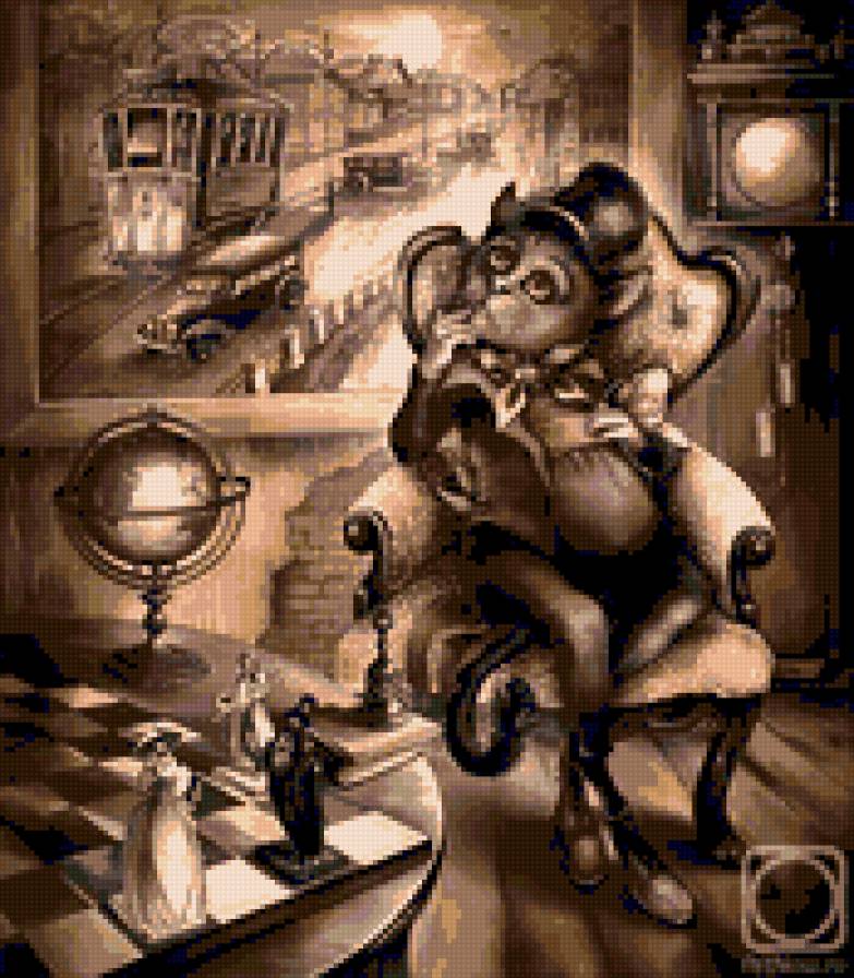 Кот и шахматы. - кресло, стол, кот, шахматы, картина, город - предпросмотр