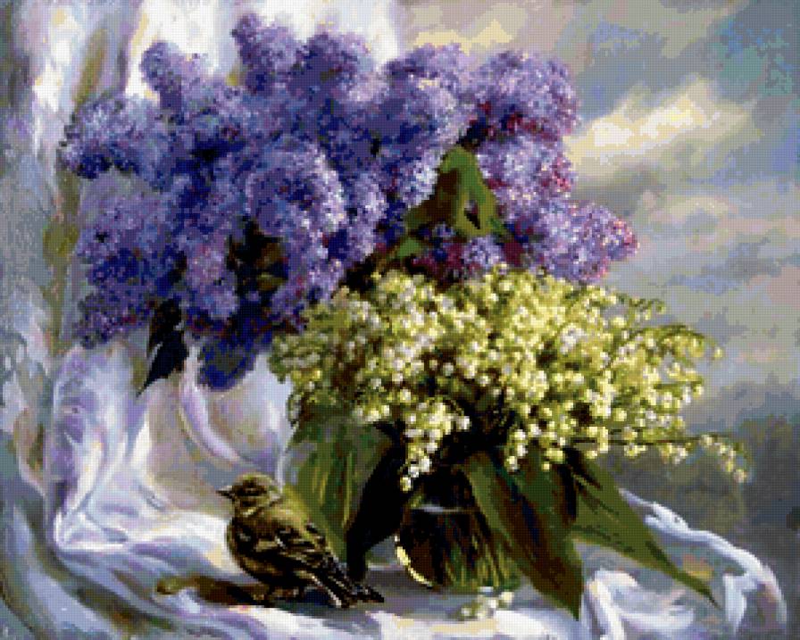 Картина Екатерины Калиновской 9 - живопись, картина, цветы, птицы, букет, сирень, ландыши - предпросмотр