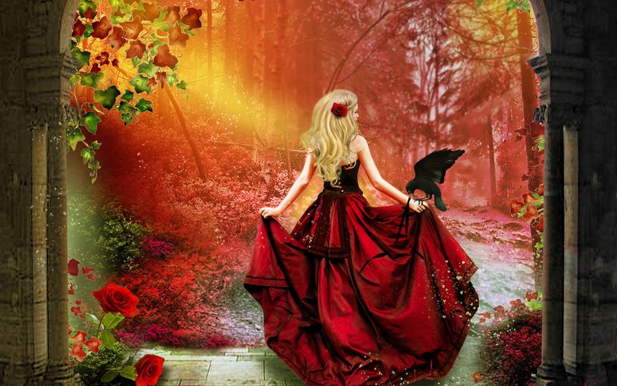 Буйство красок - пирирода, цветы, ворон, девушка - оригинал