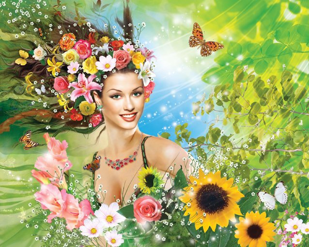 Лето... - цветы, девушка, лето, бабочки - оригинал