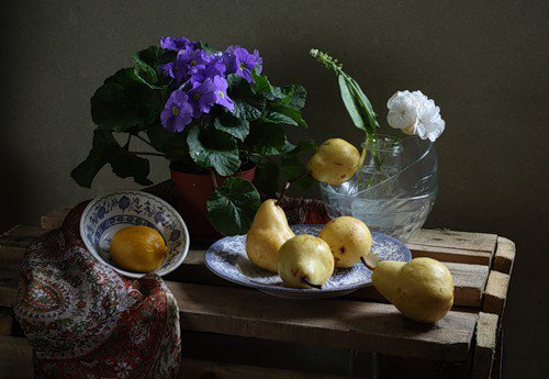 №349450 - натюрморт, цветы, фрукты - оригинал