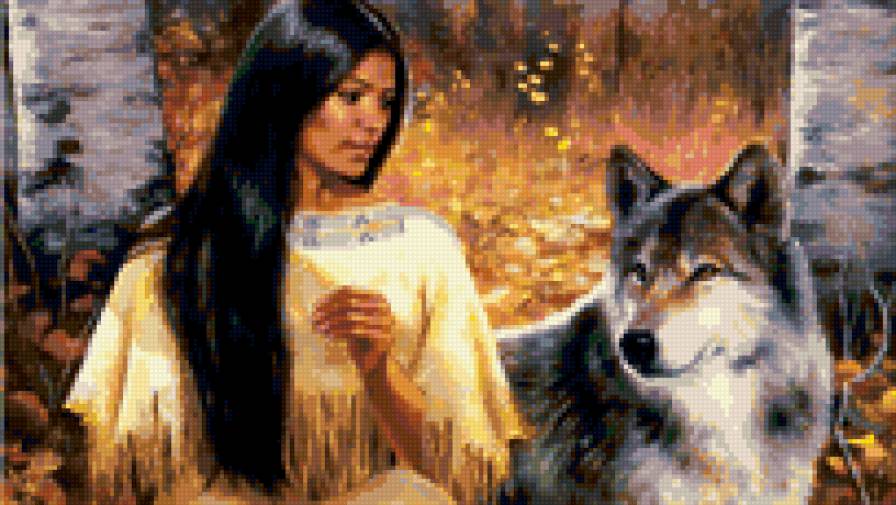 Индианка с волком - девушка, индианка, волк - предпросмотр