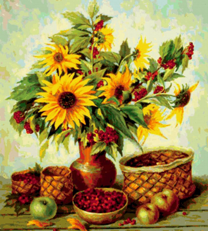 натюрморт - рябина, подсолнухи, яблоки, корзины - предпросмотр