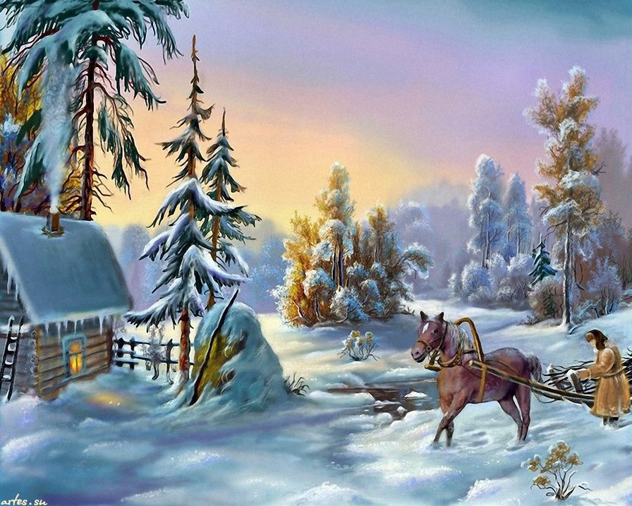 Крестьянин зимой - зима, дом, лошадь, крестьянин, снег - оригинал