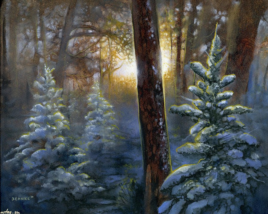 Зимой в лесу - снег, дерево, ель - оригинал