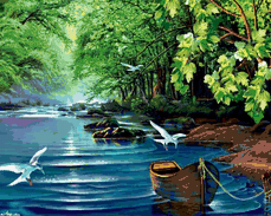 Тихое место - лодка, озеро, птицы, лето - предпросмотр