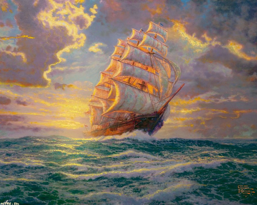 Фрегат в море - волны, корабль, море - оригинал