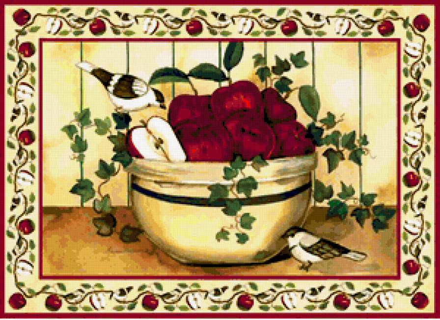 Натюрморт с яблочками - плоды, фрукты, яблоко, яблочки, птицы, натюрморт, яблоки - предпросмотр