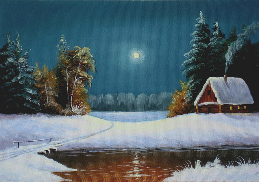 Зимняя ночь - река, пейзаж, зима, природа, лес, домик, ночь - оригинал