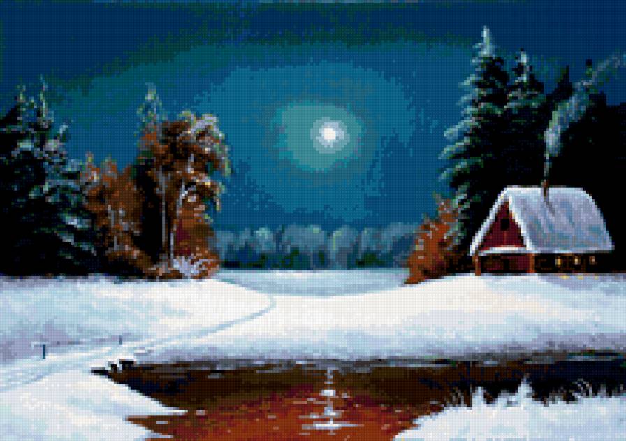 Зимняя ночь - река, природа, зима, домик, ночь, лес, пейзаж - предпросмотр