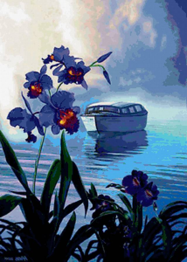 Красивый пейзаж с орхидеей - цветок, море, пейзаж, ночь, орхидея, яхта - предпросмотр