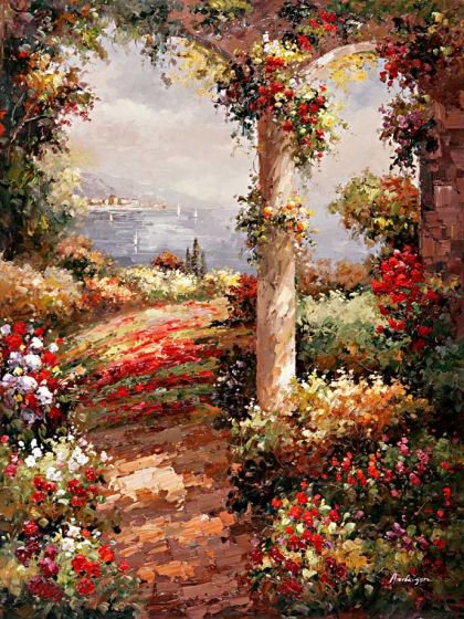 Вид на море. - колонны, море, пейзаж, цветы - оригинал