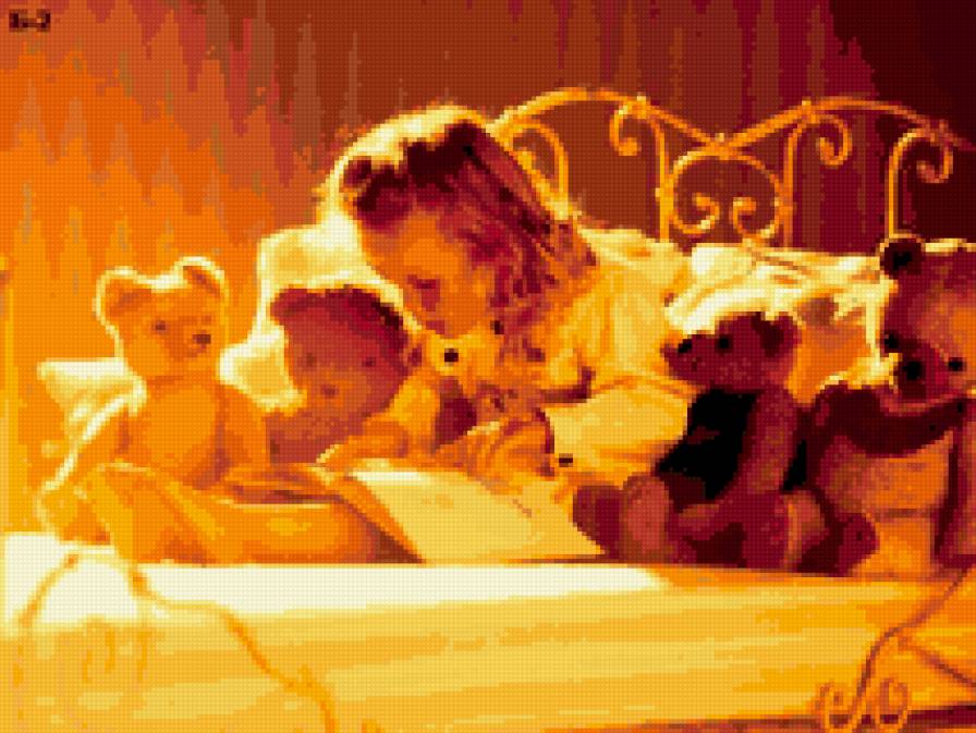 малыш читает книжку с мидвижатами - малыш книжка мишки кровать - предпросмотр