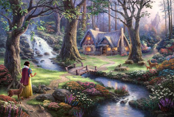 Белоснежка находит дом в лесу - красота женщины, девушка, фэнтези, карти, живопись, цветы, дети - оригинал