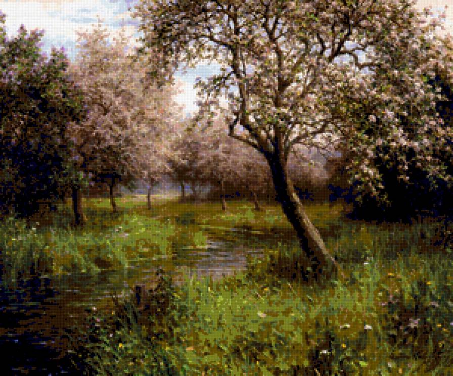 Цвет яблонь. - яблони, сад, цветение яблонь, река, природа, весна, пейзаж - предпросмотр