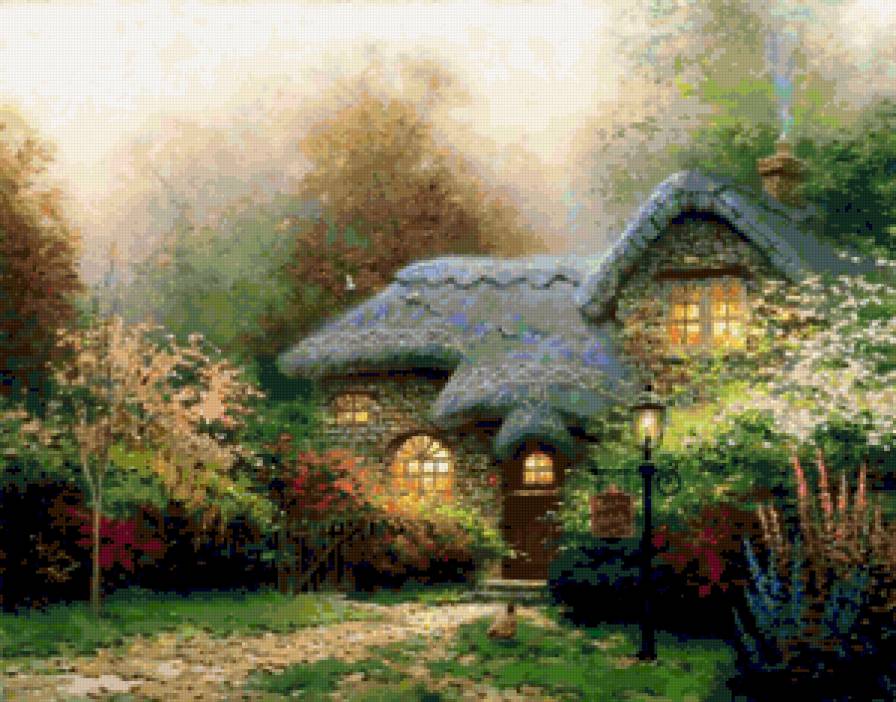 Вересковый домик - фэнтези, девушка, живопись, цветы, красота женщины, дети, карти - предпросмотр